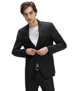 Black suit Slim fit Thin contrasting lapels Classic button fastening
